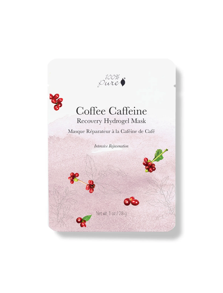 Packaging of 100% Pure Coffee Caffeine Recovery Hydrogel Mask with hydrogel technology illustration and coffee bean graphics.