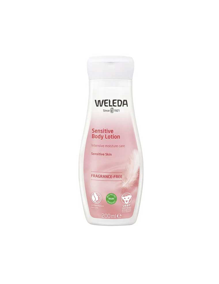 Weleda Sensitive Body Lotion Fragrance Free for sensitive skin, infused with organic Coconut and Jojoba Oil, 200ml bottle.