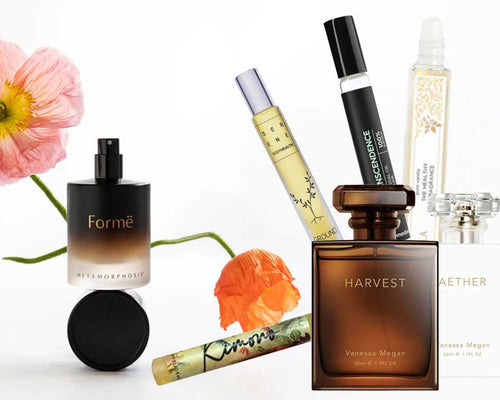 A selection of perfume bottles on a white background