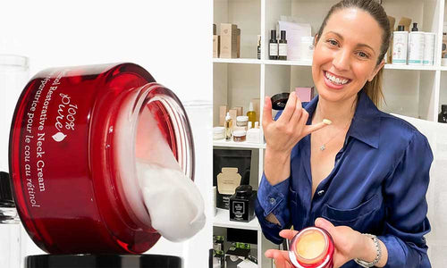 A split image shows an open red jar of 100% Pure Restorative Neck Cream with a thick curl of pale cream, and Irene Falcone holding a jar while raising her fingertips beside her neck.