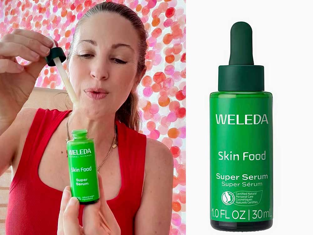 Irene Falcone, founder of Clean Nectarine holding a dropper with the Weleda Skin Food Super Serum 