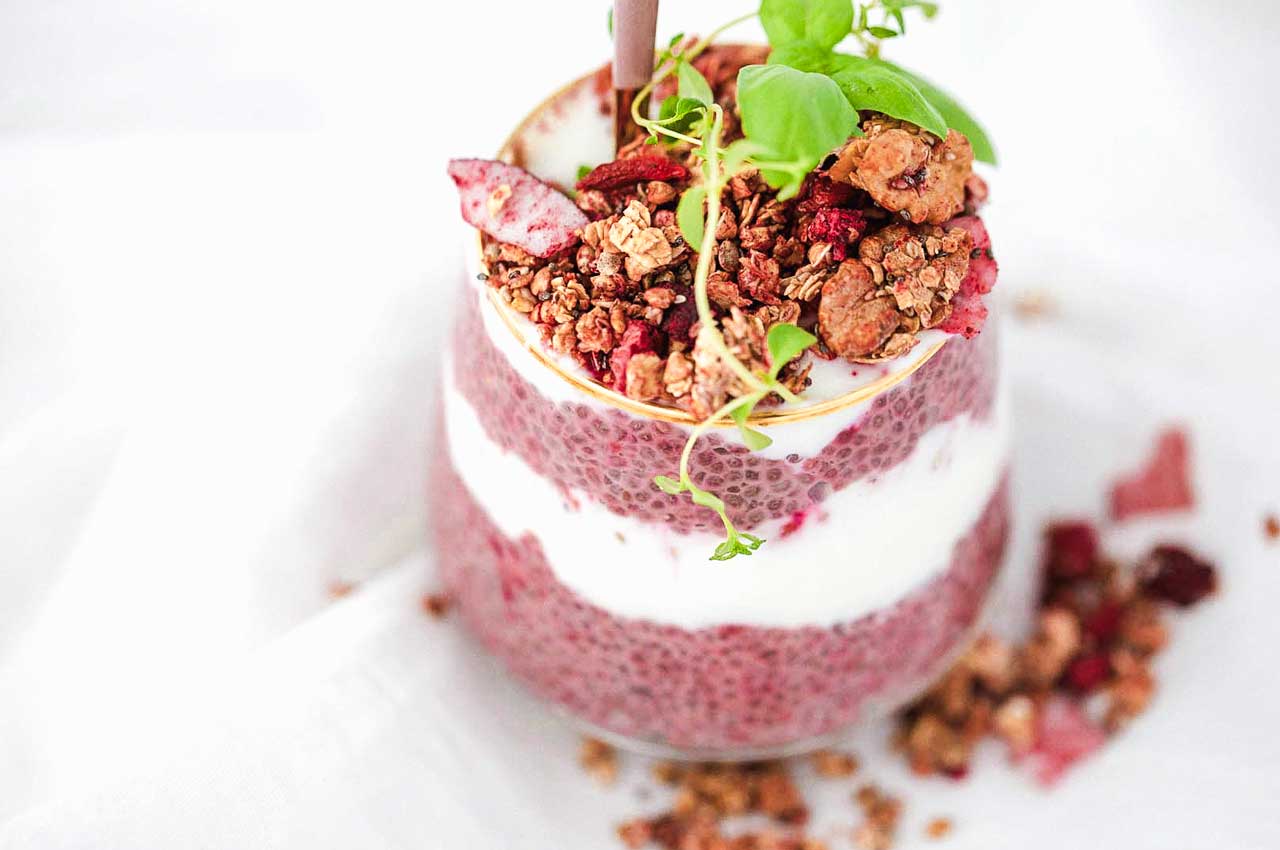 Berry Chia Seed pudding with granola