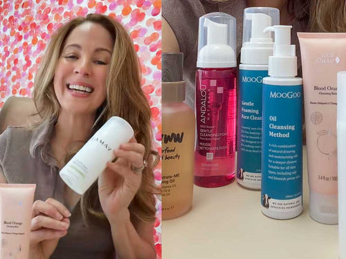 Irene Falcone, founder of Clean Nectarine with a mix of oil and foaming cleansers in her office 