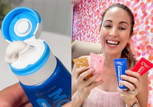 A tube of MooGoo toothpaste next time a picture of Irene Falcone, founder of Clean Nectarine holding 4 colourful tubes of MooGoo Toothpaste