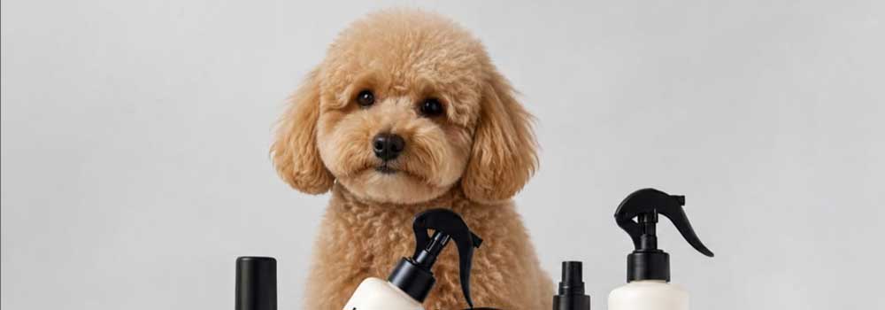 Apricot toy poodle with natural dog shampoos and pet grooming products.