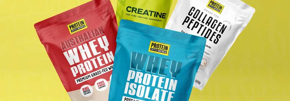 Four colorful pouches of fitness supplements, including Australian Whey Protein, Whey Protein Isolate, Creatine, and Collagen Peptides, displayed against a yellow background.