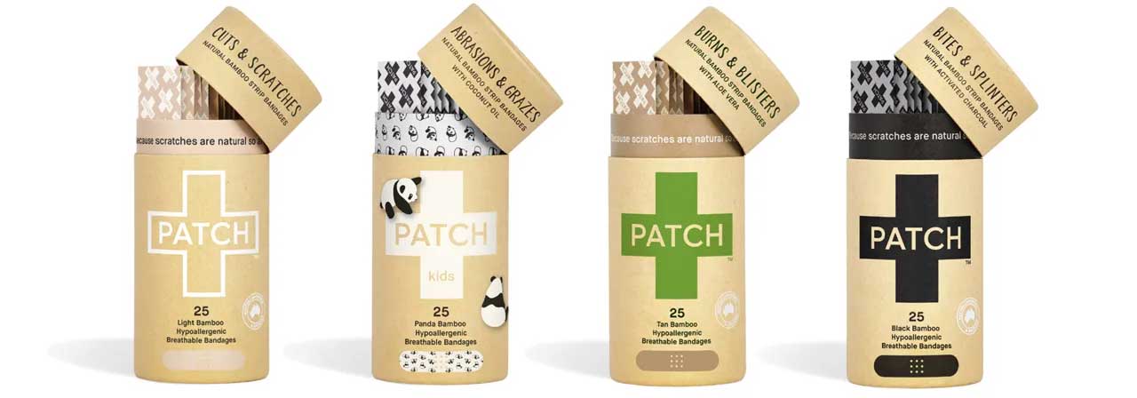 Four PATCH bandage tubes labeled for cuts, abrasions, burns, and bites, each with unique colored packaging and illustrated bandages partially visible at the top of each tube.