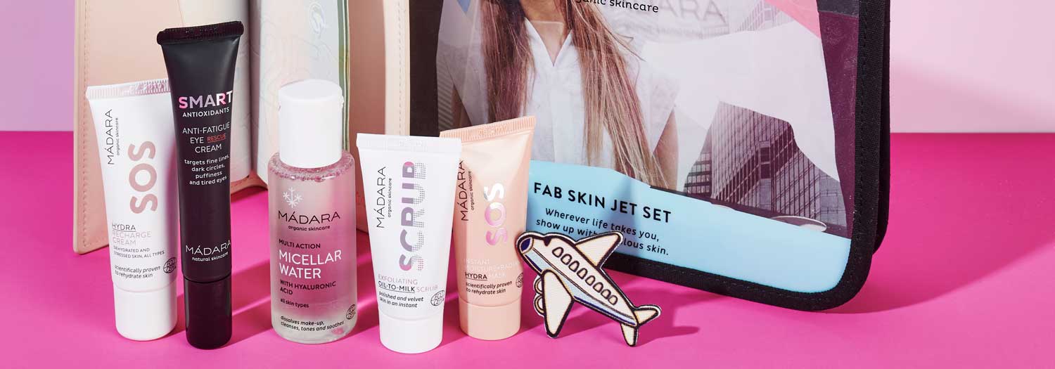 A line up of travel size skincare products with a cut out hand draw plane