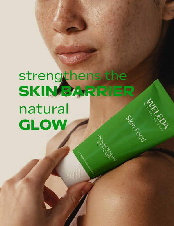 Model applying Weleda Skin Food 100 Years Limited Edition