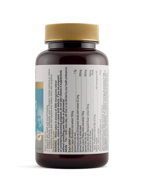 Side of the Herbs of Gold Clear Skin bottle showing what each tablet contains