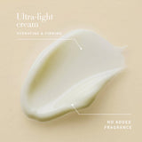 A smooth swipe of pale cream on a beige surface. The Antipodes Kiwi Seed Oil Eye Cream graphic describes an ultra-light, hydrating and firming cream with no added fragrance.