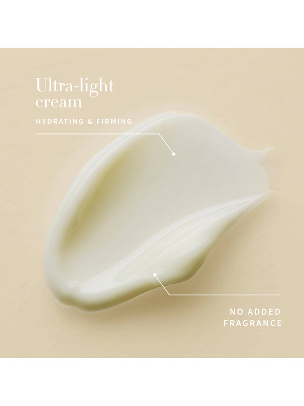 A smooth swipe of pale cream on a beige surface. The Antipodes Kiwi Seed Oil Eye Cream graphic describes an ultra-light, hydrating and firming cream with no added fragrance.
