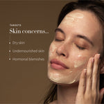 Model applying Antipodes Aura Manuka Honey Mask with skin concerns listed