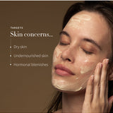 Model applying Antipodes Aura Manuka Honey Mask with skin concerns listed