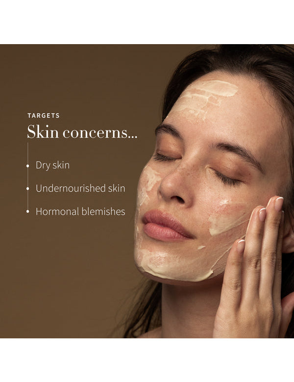 Model applying Antipodes Aura Manuka Honey Mask with skin concerns listed