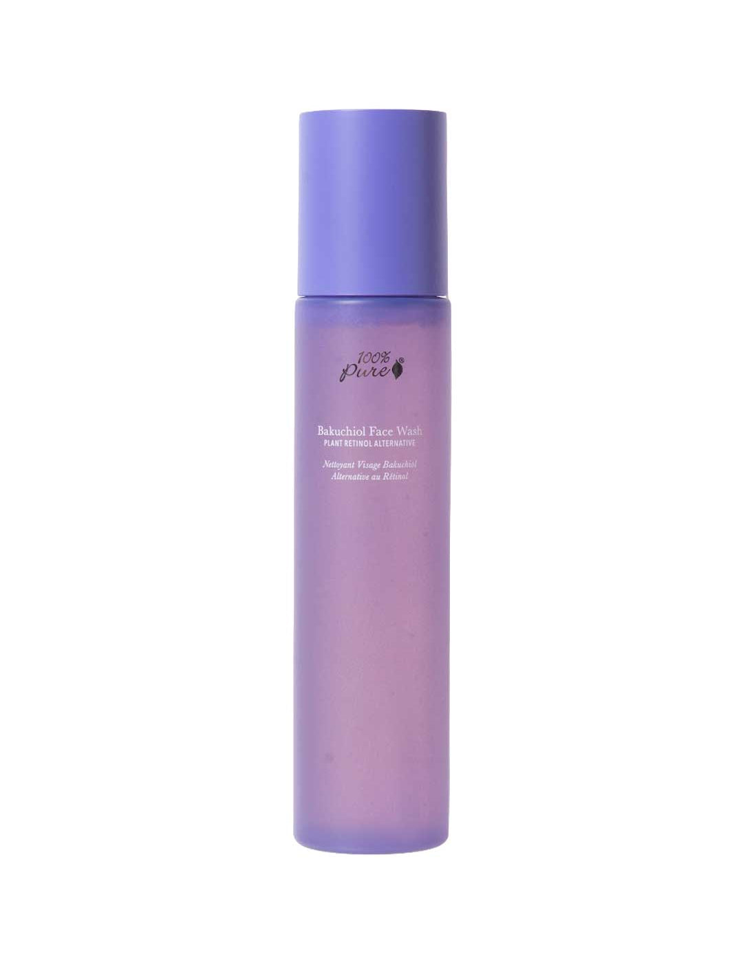Purple skincare bottle on a white background