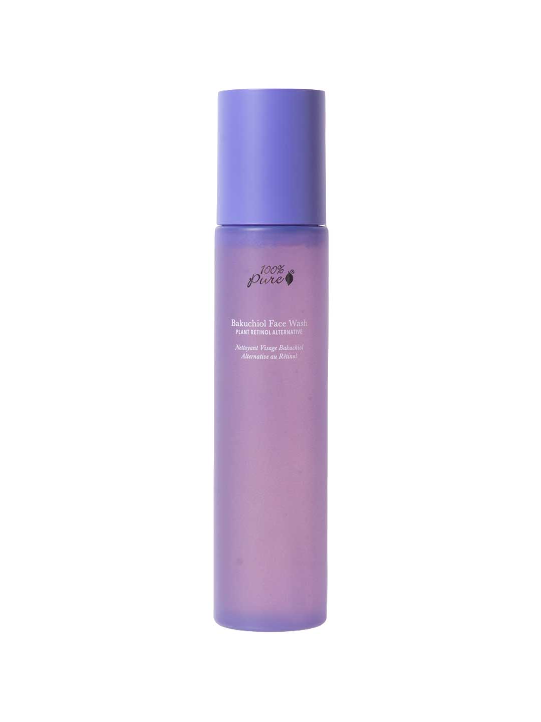 Purple skincare bottle on a white background