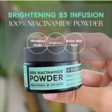 Jar of 100% Niacinamide Powder with text highlighting benefits on a blurred background – Black Chicken Remedies 100% Niacinamide Powder 10g