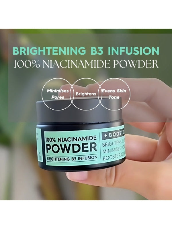 Jar of 100% Niacinamide Powder with text highlighting benefits on a blurred background – Black Chicken Remedies 100% Niacinamide Powder 10g