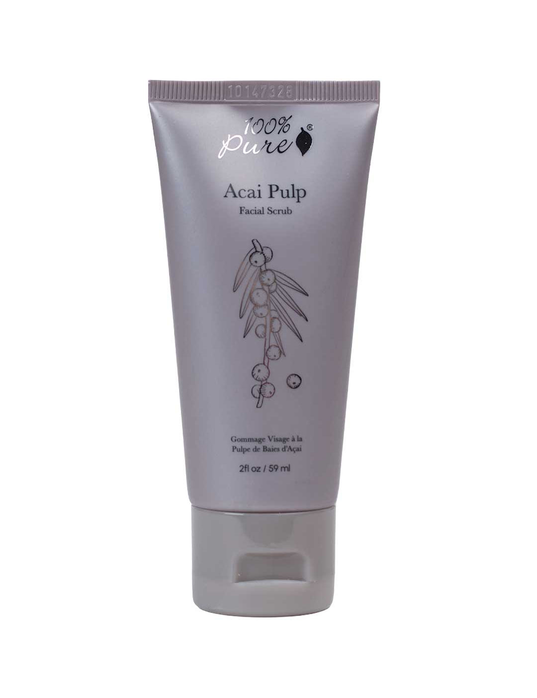 The 100% Pure Acai Pulp Facial Scrub 59ml by 100% Pure is a silver tube with a botanical design and easy flip-top cap. Made with organic acai berries, this natural exfoliator offers pure facial care in a convenient, upright-standing package.