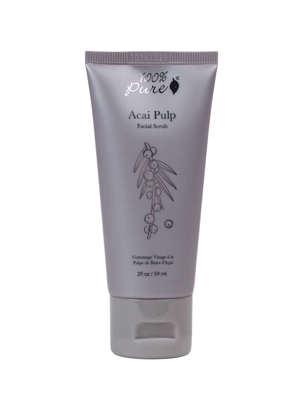 The 100% Pure Acai Pulp Facial Scrub 59ml by 100% Pure is a silver tube with a botanical design and easy flip-top cap. Made with organic acai berries, this natural exfoliator offers pure facial care in a convenient, upright-standing package.