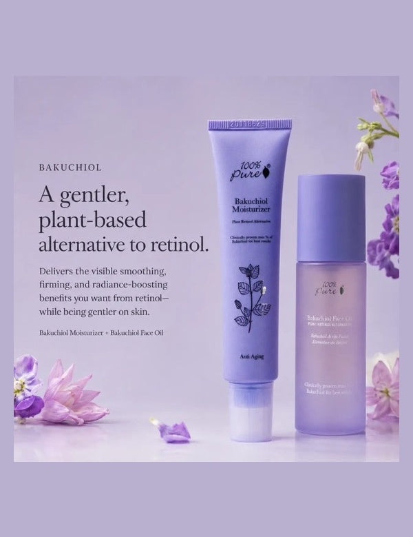 A purple 100% Pure Bakuchiol Moisturizer tube and Face Oil bottle stand among purple flowers. The graphic calls bakuchiol a gentler, plant-based alternative to retinol and promotes smoothing, firming and radiance benefits.
