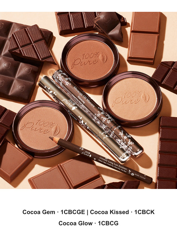 100% Pure Cocoa Bronzer 9g official shade image – Cocoa Gem, SKU 1CBCGE; Cocoa Kissed, SKU 1CBCK; Cocoa Glow, SKU 1CBCG