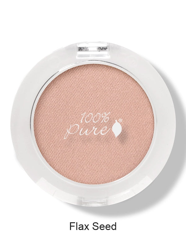 100% Pure Fruit Pigmented Eye Shadow in Flax Seed, showing the pressed powder in its compact on white, with the shade name Flax Seed printed below.