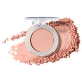100% Pure Fruit Pigmented Eye Shadow in Ginger, showing an open compact beside a sweep of matching loose powder on white, with the shade name Ginger printed below.