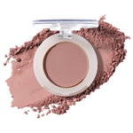 100% Pure Fruit Pigmented Eye Shadow in Petal Tip, showing an open compact beside a sweep of matching loose powder on white, with the shade name Petal Tip printed below.