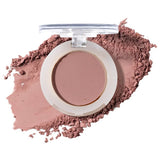 100% Pure Fruit Pigmented Eye Shadow in Petal Tip, showing an open compact beside a sweep of matching loose powder on white, with the shade name Petal Tip printed below.