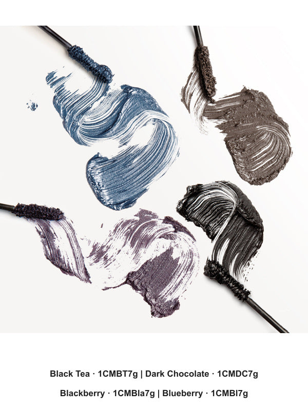 100% Pure Fruit Pigmented® Ultra Lengthening Mascara 10g official shade image – Black Tea, SKU 1CMBT7g; Dark Chocolate, SKU 1CMDC7g; Blackberry, SKU 1CMBla7g; Blueberry, SKU 1CMBl7g