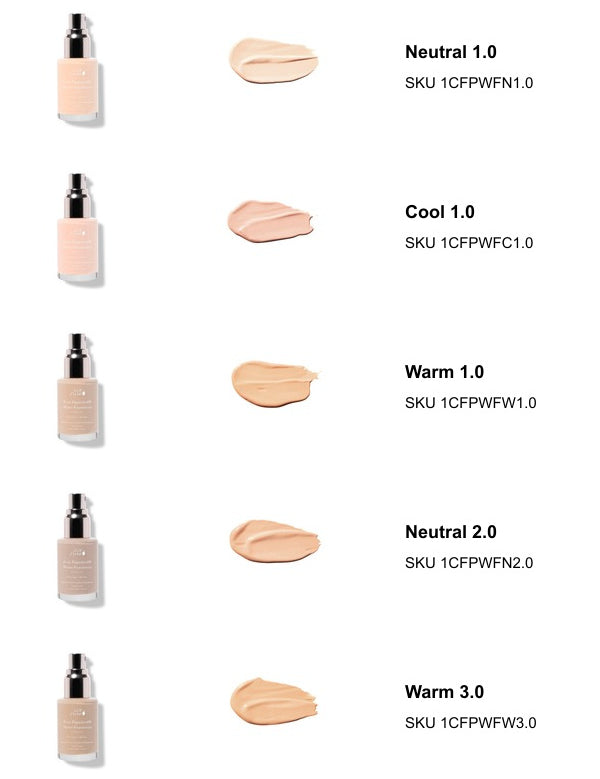 100% Pure Full Coverage Water Foundation 30ml shade chart 1 with exact shade names and SKUs