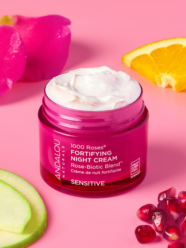 Andalou 1000 Roses Fortifying Night Cream styled with fresh fruit