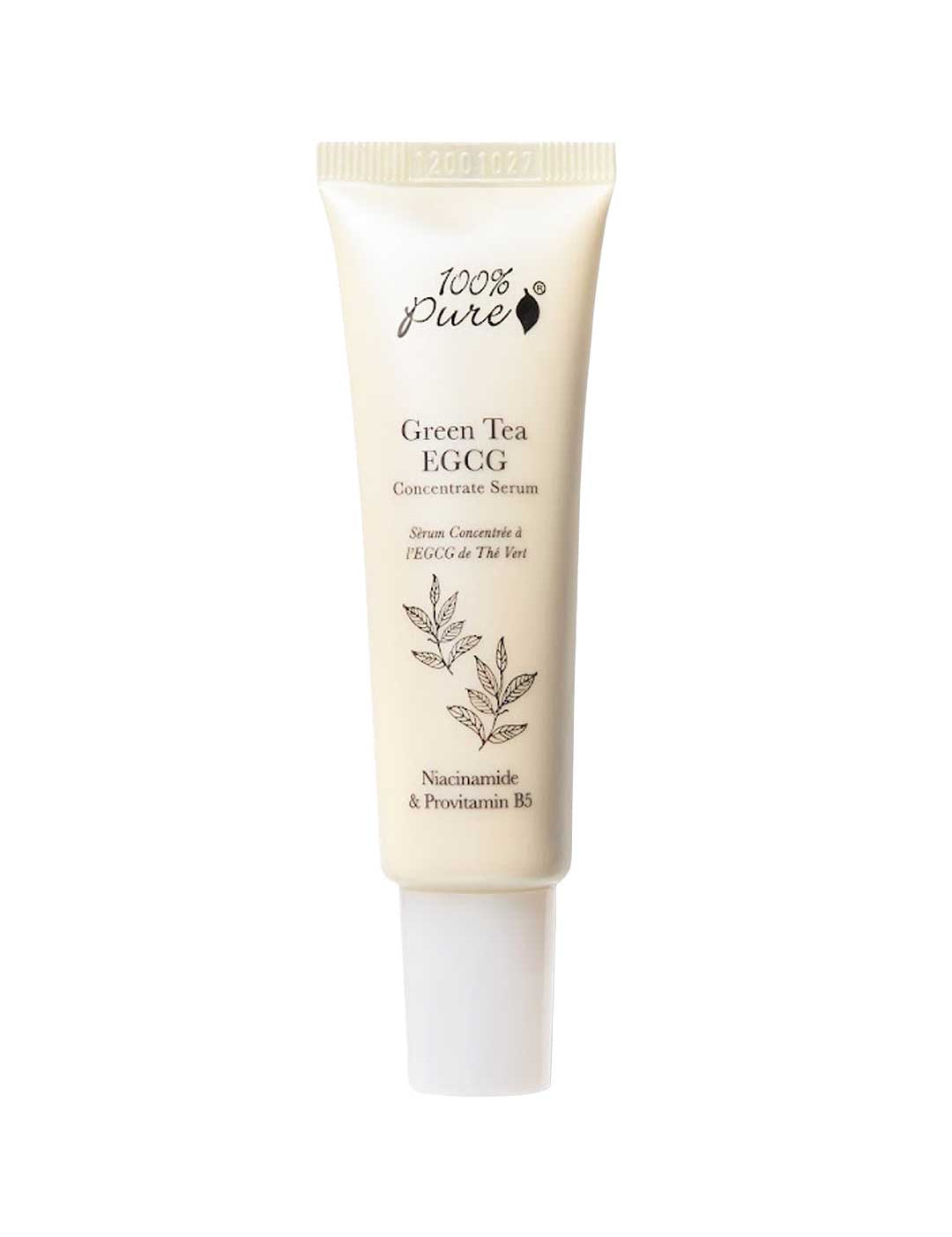A beige tube labeled "100% Pure Green Tea EGCG Concentrate Serum 30ml" from 100% Pure, decorated with green tea leaf graphics, promotes its antioxidant-rich formula with Niacinamide and Provitamin B5.