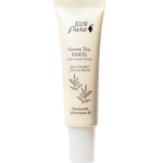 A beige tube labeled "100% Pure Green Tea EGCG Concentrate Serum 30ml" from 100% Pure, decorated with green tea leaf graphics, promotes its antioxidant-rich formula with Niacinamide and Provitamin B5.