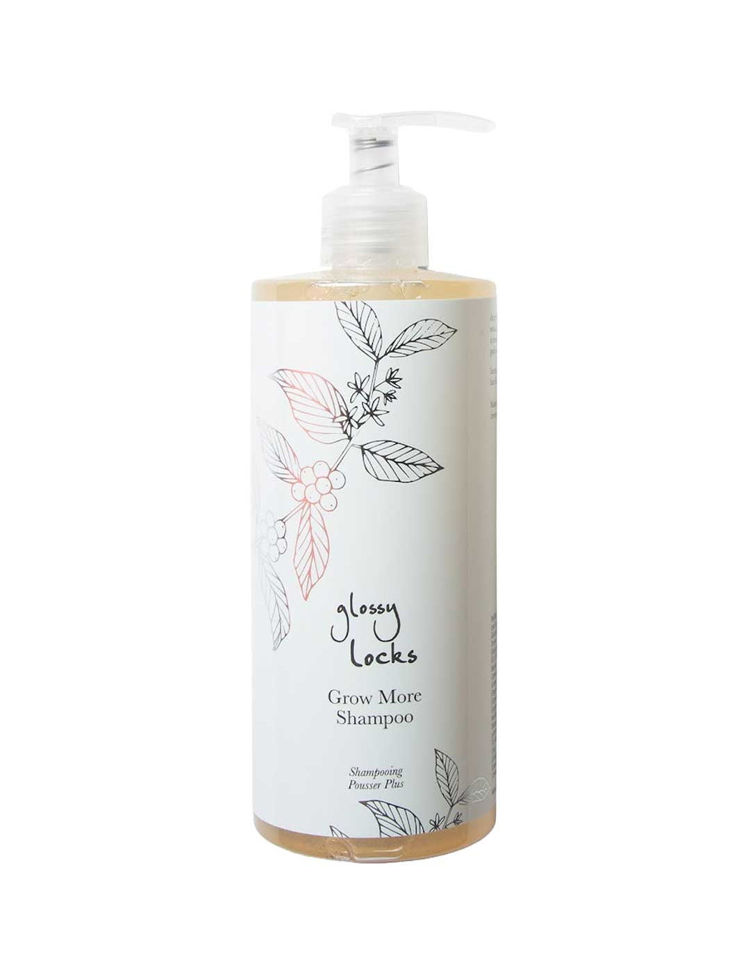 A clear pump bottle labeled 100% Pure Glossy Locks Grow More Shampoo features botanical line art on white. This hair growth shampoo by 100% Pure contains a light amber liquid to help support thicker, fuller-looking hair.