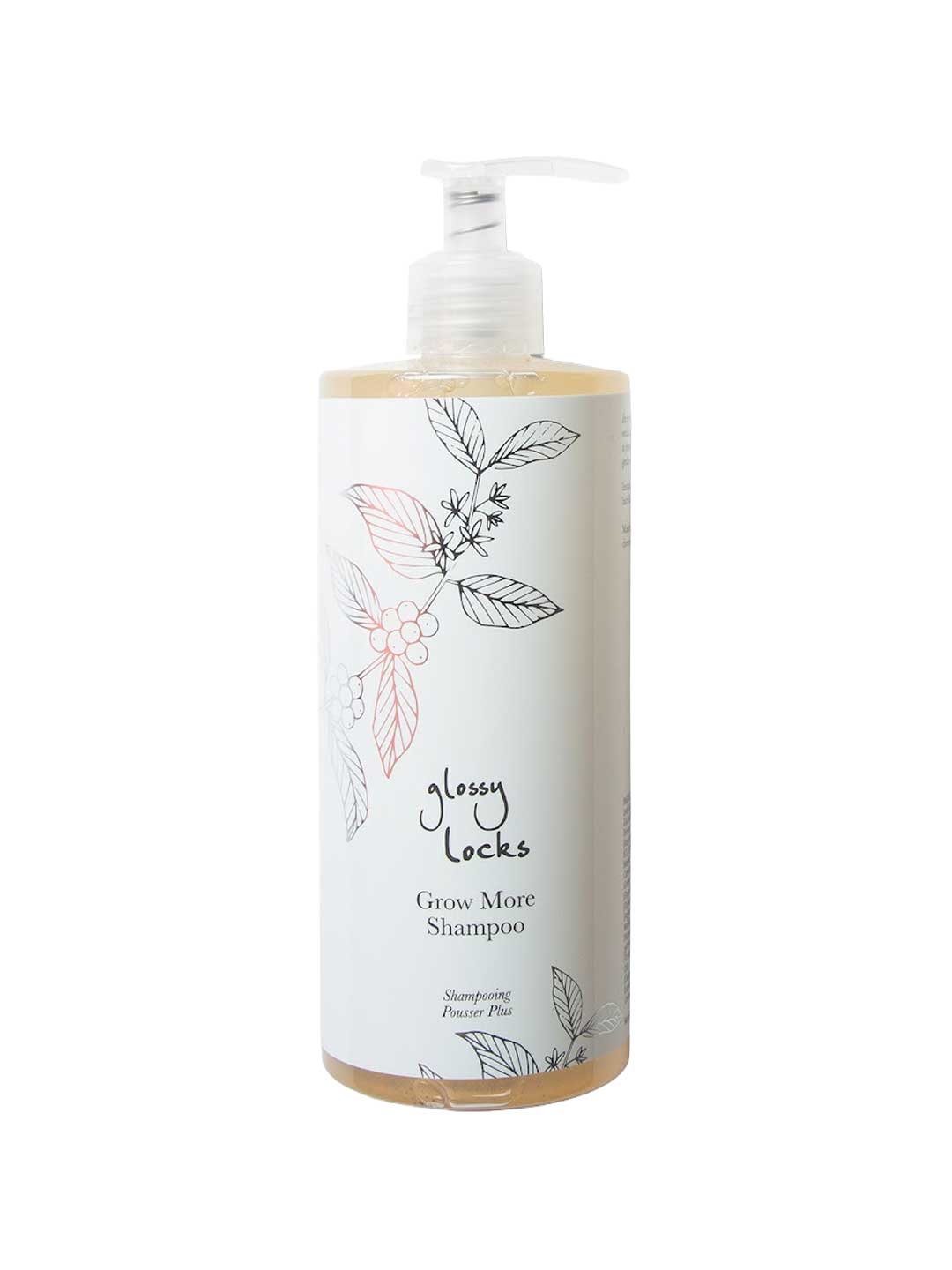 A clear pump bottle labeled 100% Pure Glossy Locks Grow More Shampoo features botanical line art on white. This hair growth shampoo by 100% Pure contains a light amber liquid to help support thicker, fuller-looking hair.
