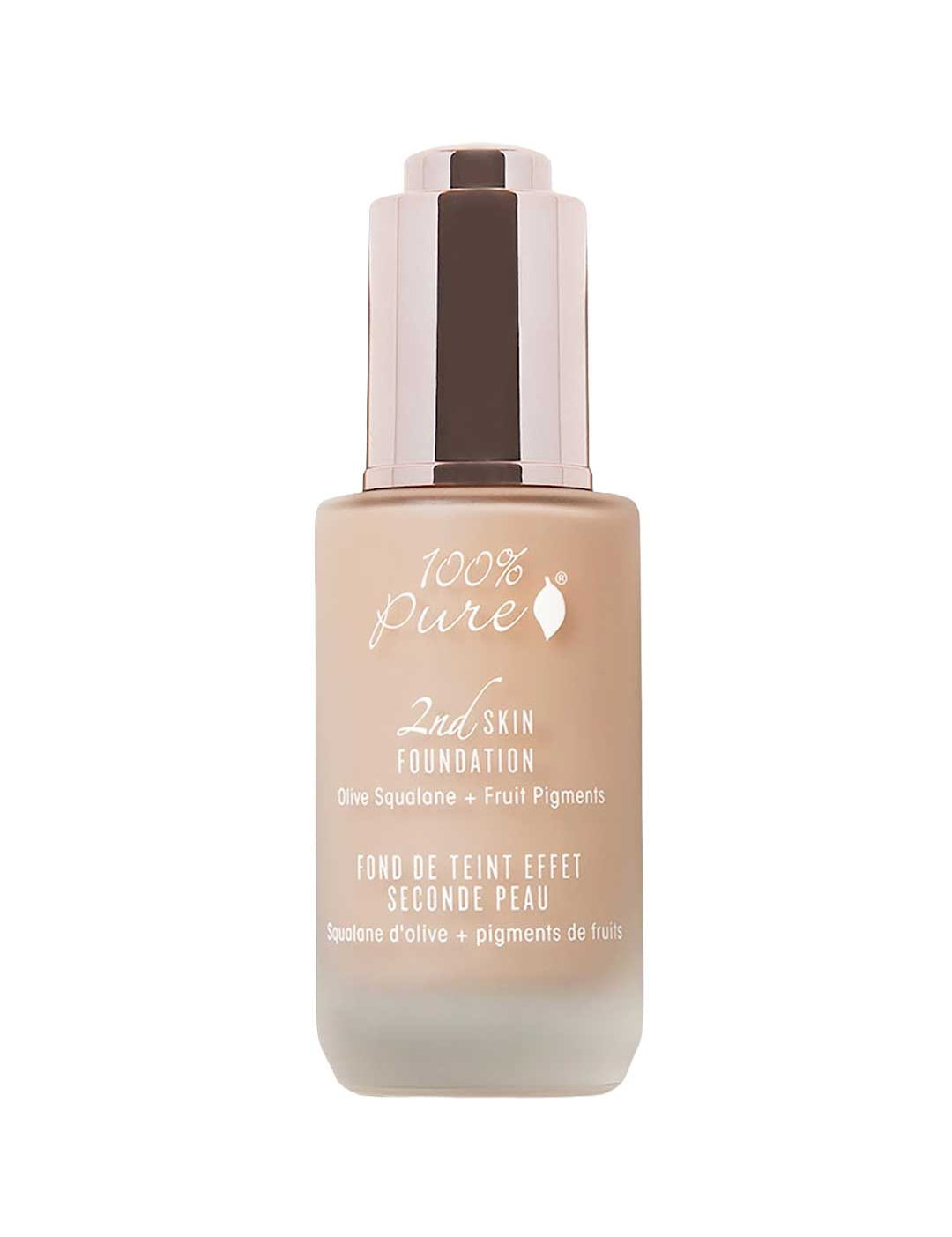 100% Pure 2nd Skin Serum Foundation 35ml by 100% Pure combines olive squalane and fruit pigments for natural coverage. Comes in frosted beige packaging with a gold pump dispenser.