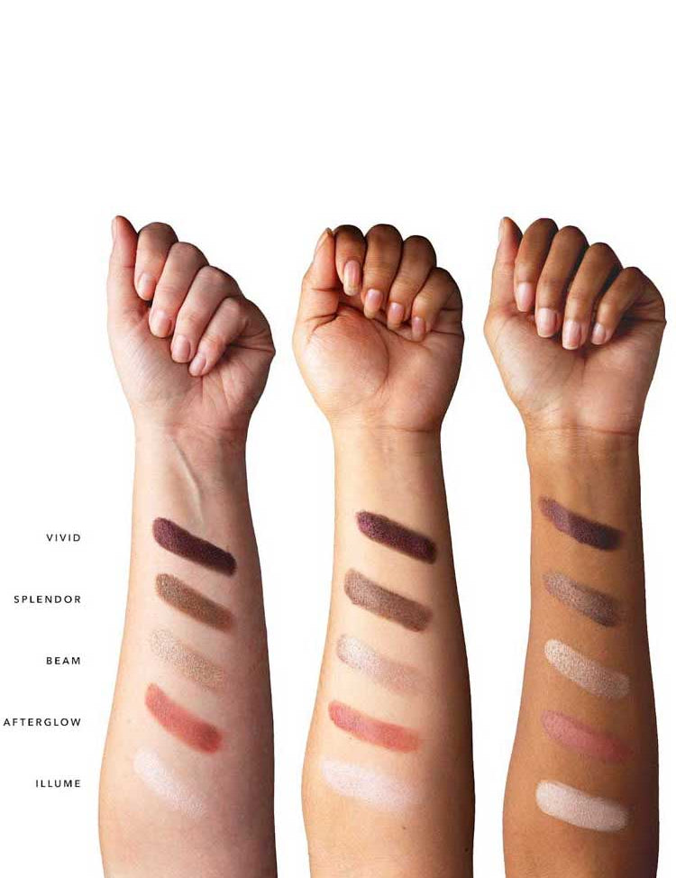 Three arms of varied skin tones each display five shades, Vivid, Splendor, Beam, Afterglow, and Illume, from the 100% Pure Fruit Pigmented® Berry Naked Palette 9g, showing their vegan color across diverse complexions.