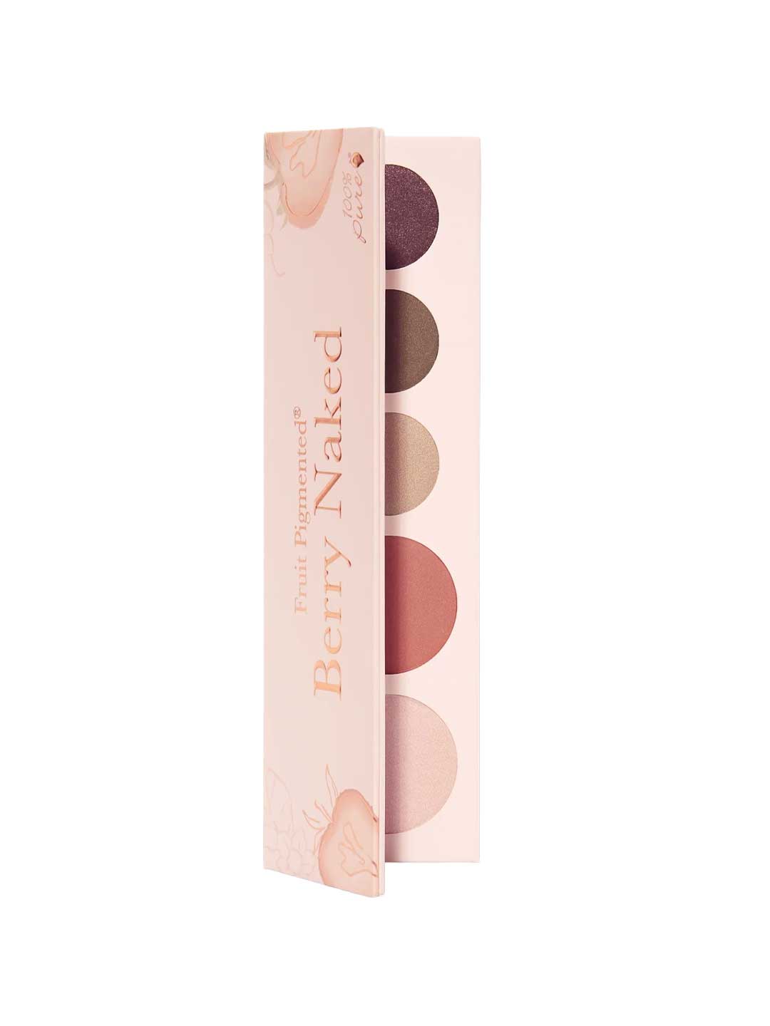 The 100% Pure Berry Naked Palette 9g is a vegan eyeshadow palette with five circular berry and neutral shades in light pink tones, displayed in an open case for long-lasting wear.