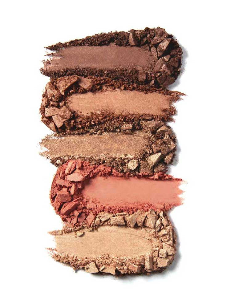 Five swatches of crushed powder eyeshadow from the 100% Pure Fruit Pigmented® Better Naked Palette 9g, showcasing brown, bronze, and peach shades, are arranged in horizontal smears on a white background.
