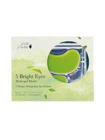 A pale green box labelled 100% Pure 5 Bright Eyes Hydrogel Masks has a circular picture of bright green crescent-shaped eye patches in silver sachets. Small leaves decorate the box.