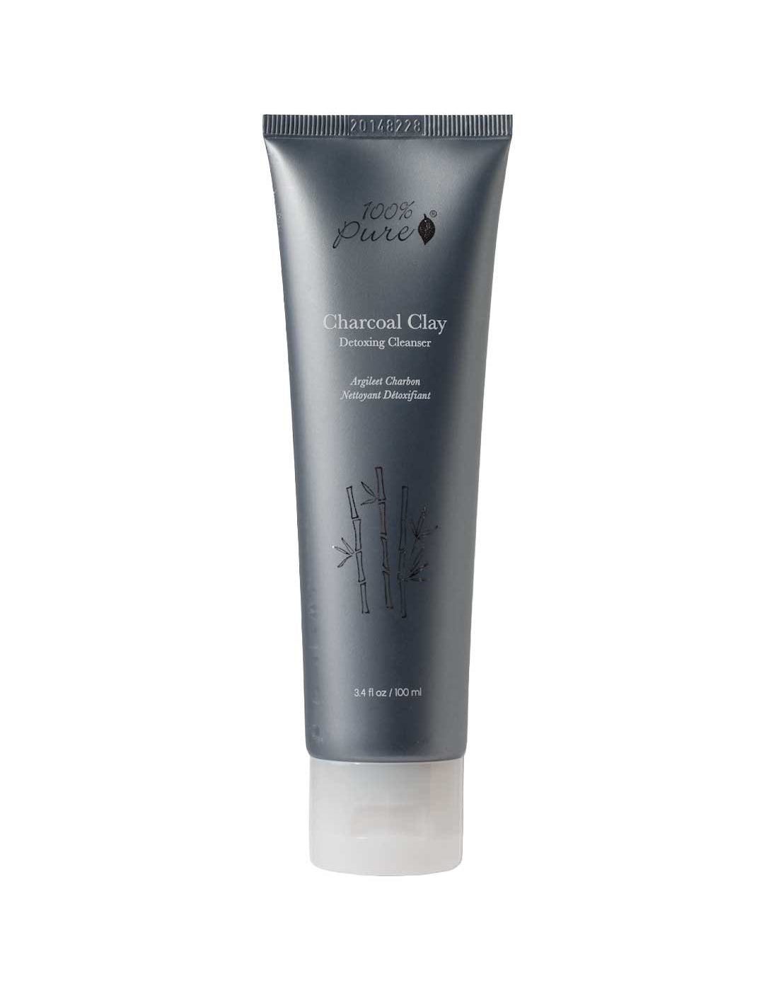 A gray tube labeled 100% Pure Charcoal Clay Cleanser, featuring white text, a bamboo illustration, and a clear cap. This 80ml cleanser by 100% Pure deeply purifies your skin with detoxifying charcoal clay.
