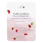 A 28g packet of 100% Pure Coffee Caffeine Recovery Hydrogel Sheet Mask with coffee berries and leaves illustrations on a light pink background. English and French text highlight intensive rejuvenation with added Hyaluronic Acid.