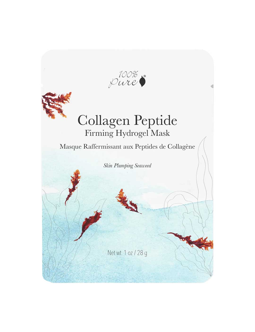 A packet of 100% Pure Collagen Peptide Firming Hydrogel Sheet Mask 28g features seaweed graphics on a light blue background, highlighting firming peptides and Skin Plumping Seaweed on the packaging.