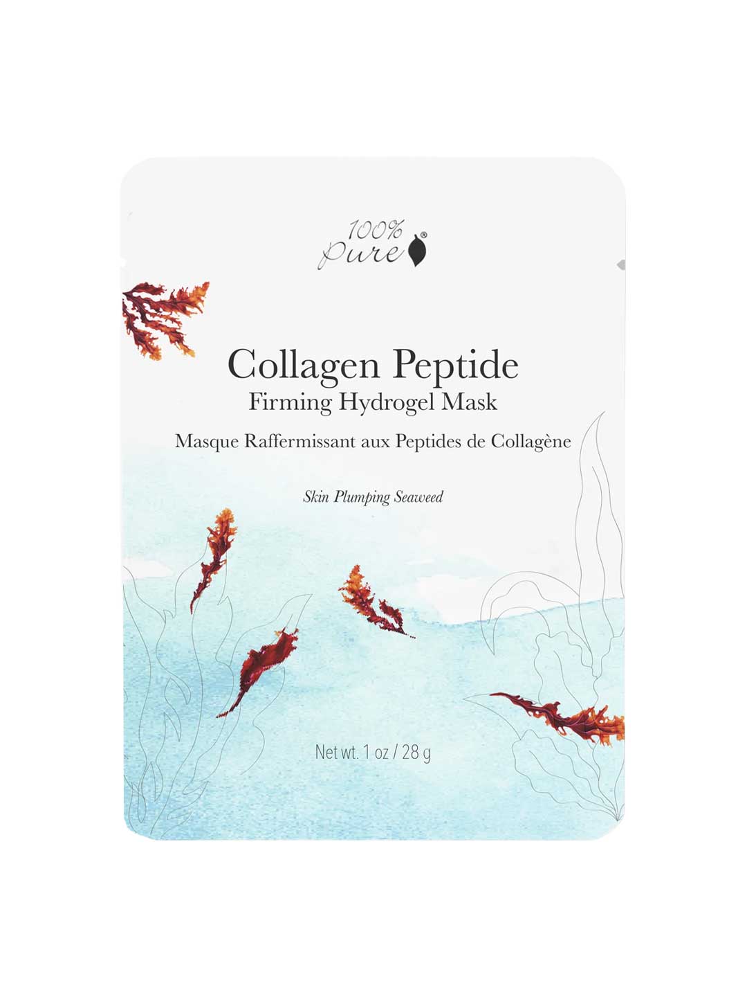 A packet of 100% Pure Collagen Peptide Firming Hydrogel Sheet Mask 28g features seaweed graphics on a light blue background, highlighting firming peptides and Skin Plumping Seaweed on the packaging.
