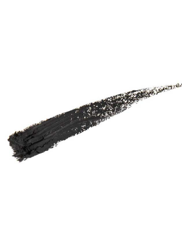 A bold, thick black brushstroke sweeps diagonally across a white background, echoing the intense, long-lasting look of 100% Pure Creamy Long Last Eye Liner 1.14g with its textured, slightly smudged finish.