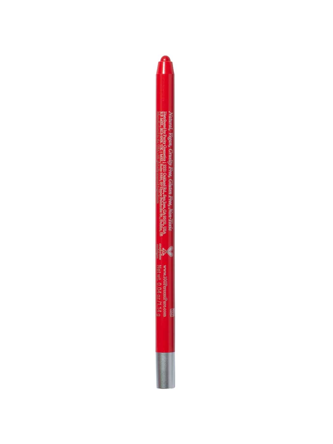 The 100% Pure Creamy Long Last Lip Liner (1.14g) by 100% Pure, featuring a red shade and silver tip, stands upright against a plain white background with white vertical text along its body.
