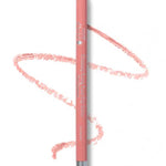 The 100% Pure Creamy Long Last Lip Liner 1.14g by 100% Pure, in pink with a metallic silver cap, rests on a white background with a matching pink squiggly line beside it.